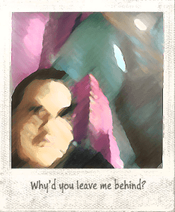 Imagen de un rostro, con la leyenda en inglés "Why'd you leave me behind?"